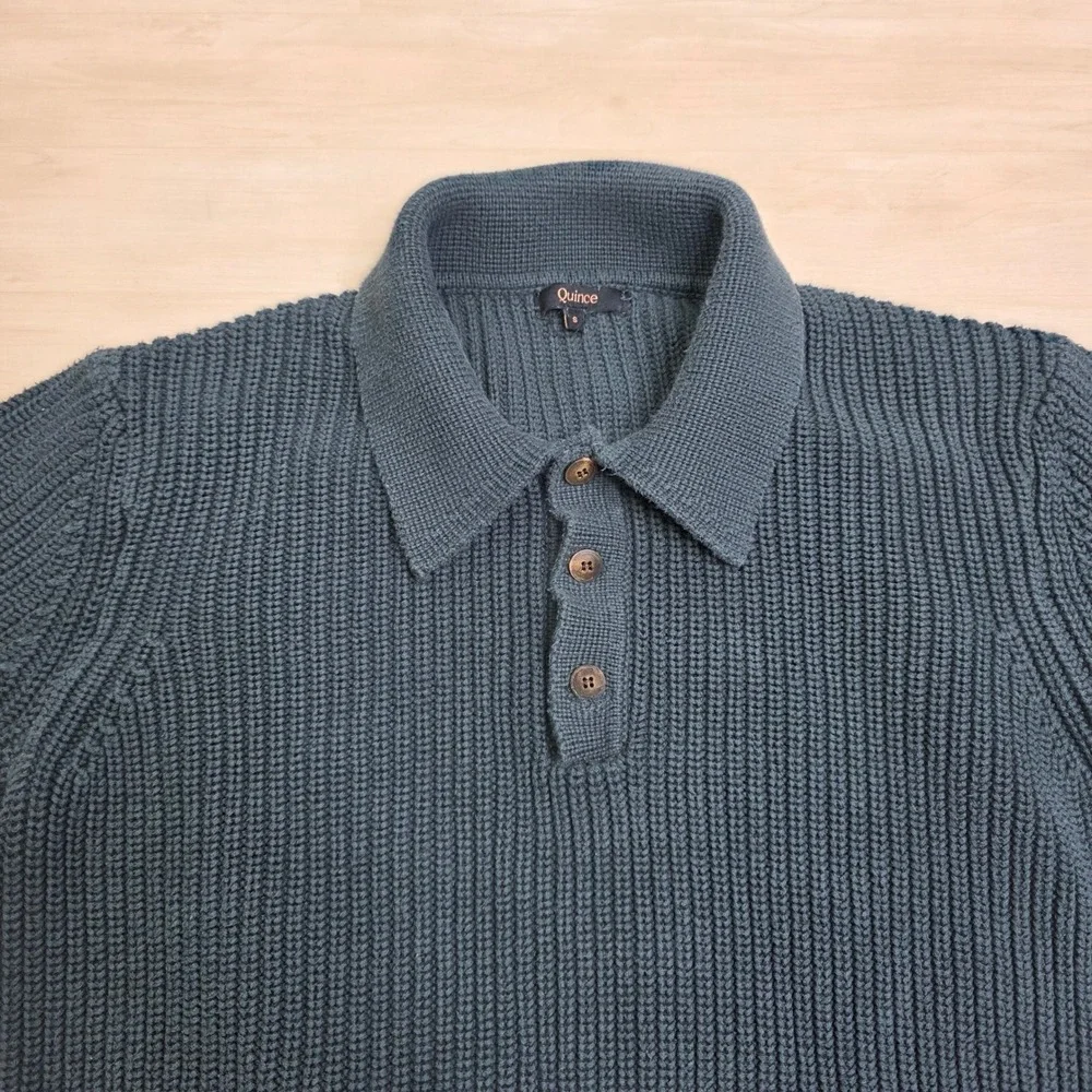 Quince Mens Organic Cotton Ribbed Knit Polo Sweater Big Sur Green Size Small